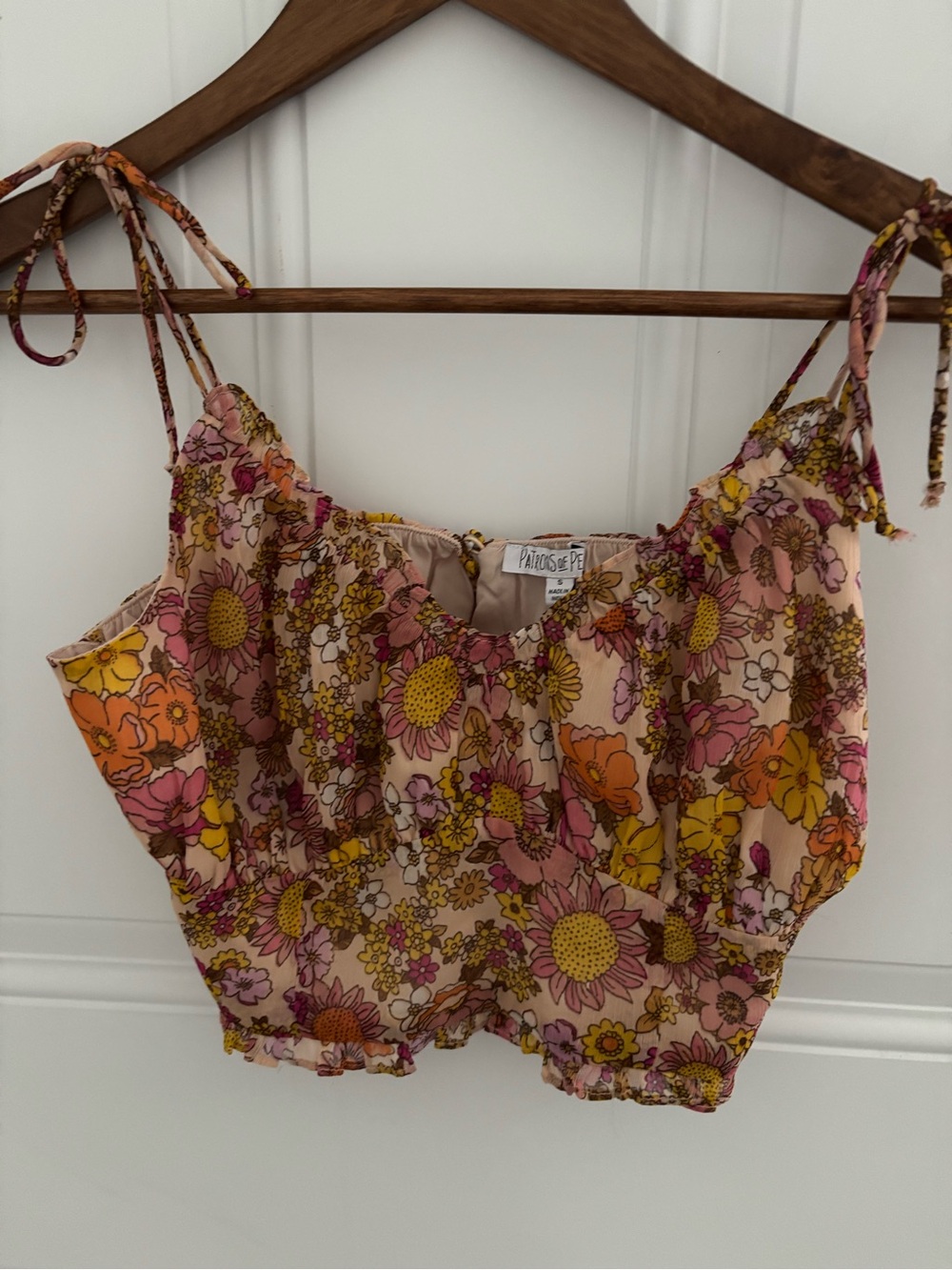 Patrons of Peace Pink Floral Tie-Strap Crop Tank
